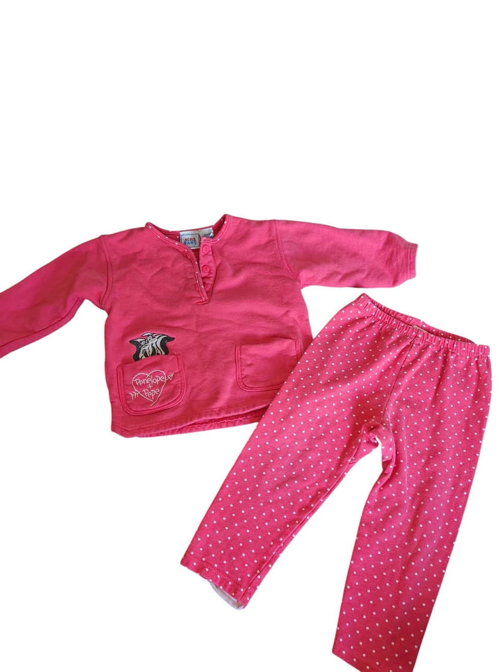 Vintage ACME Baby Pink Polka Dot Character Penelope & Pepe Le Pew Outfit 24M